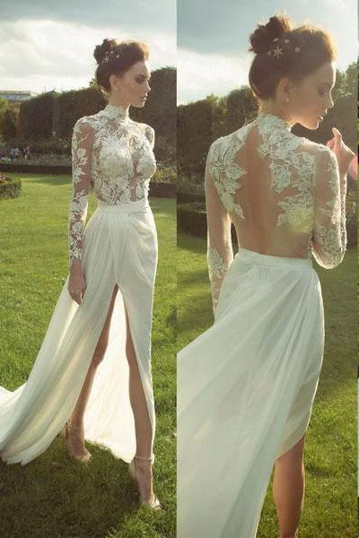 Gorgeous High Neck Long Sleeve See Through Lace Top Side Slit Ivory Chiffon Wedding Dress WK625 Open Back Dress