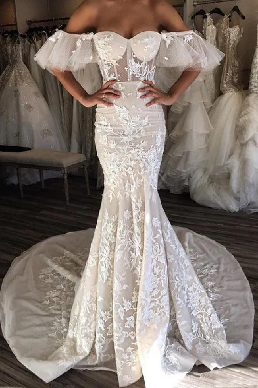 Gorgeous Mermaid Off the Shoulder Sweetheart Open Back Ivory Lace Wedding Dresses WK975 Luxury Wedding Dress