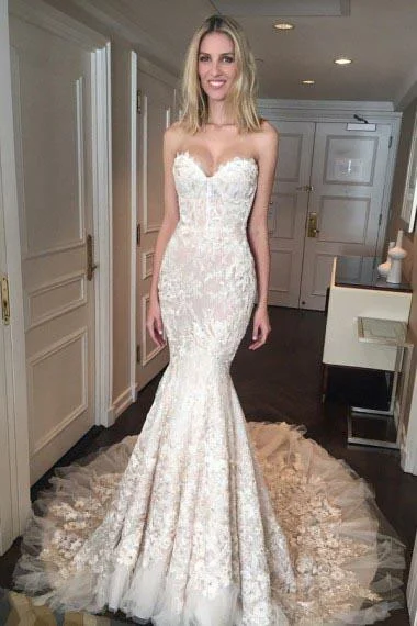 Gorgeous Mermaid Sweetheart Court Train Tulle Wedding Dresses with Appliques Lace WK275 Off-shoulder Gown