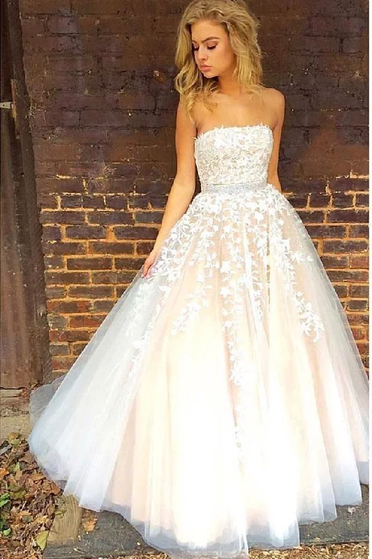 Gorgeous Strapless Sleeveless White Tulle Ball Gown Long Prom Dress Wedding Dresses WK766 Empire Waist Dress