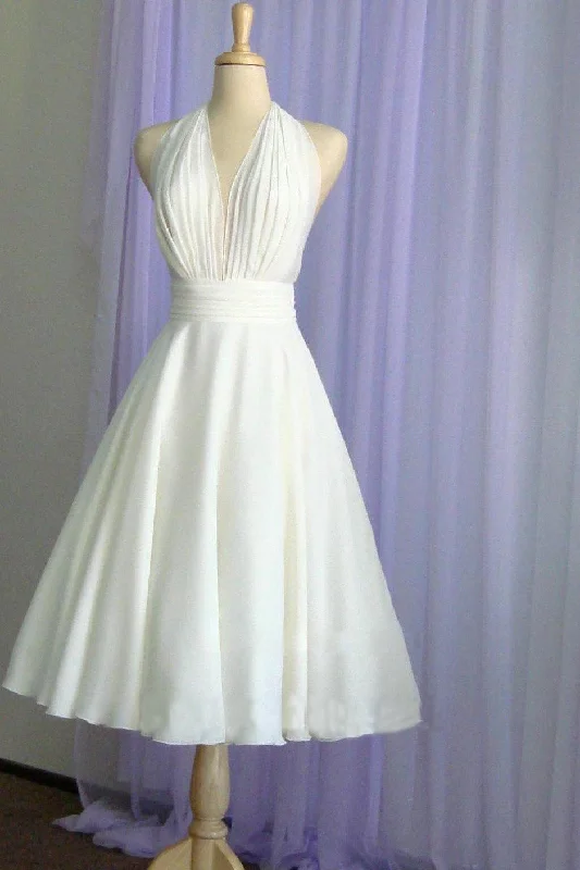 Halter Tea Length A Line Backless Chiffon with Pleated Bodice Wedding Dresses WK278 A-line Wedding Gown