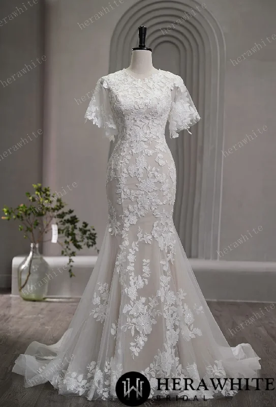 High Neck Floral Lace Bridal Gown with Flutter Sleeves Ruffle Wedding Gown