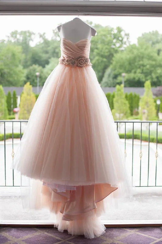 High Quality Ball Gown Ruffles Pink Sweetheart Wedding Dress Waist with Handmade Flowers WK683 Boho Chic Gown