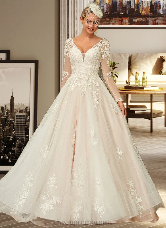 Julianne Ball-Gown/Princess V-neck Sweep Train Tulle Lace Wedding Dress STIP0013698 Wedding Dress Set