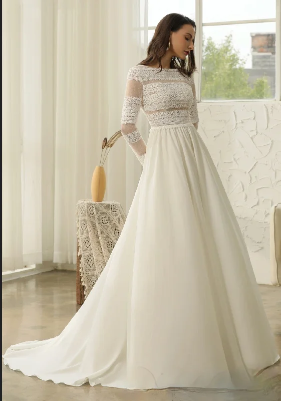 Long Sleeve Lace A-line Boho Wedding Dress Beautiful Bridal Gown