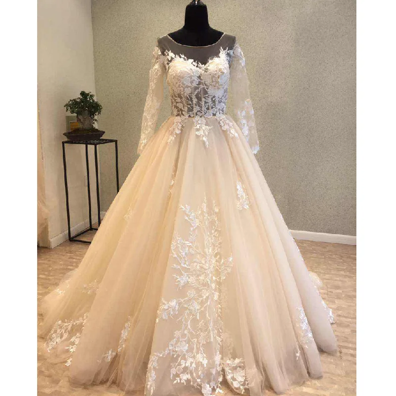 Long Sleeves Tulle Applique Charming Long V Back Bridal Wedding Dress, WG679 Mermaid Lace Gown