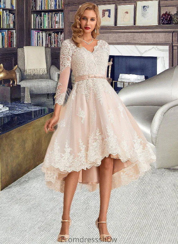 Renee A-Line V-neck Asymmetrical Satin Tulle Lace Wedding Dress STKP0013706 Satin Bridal Gown