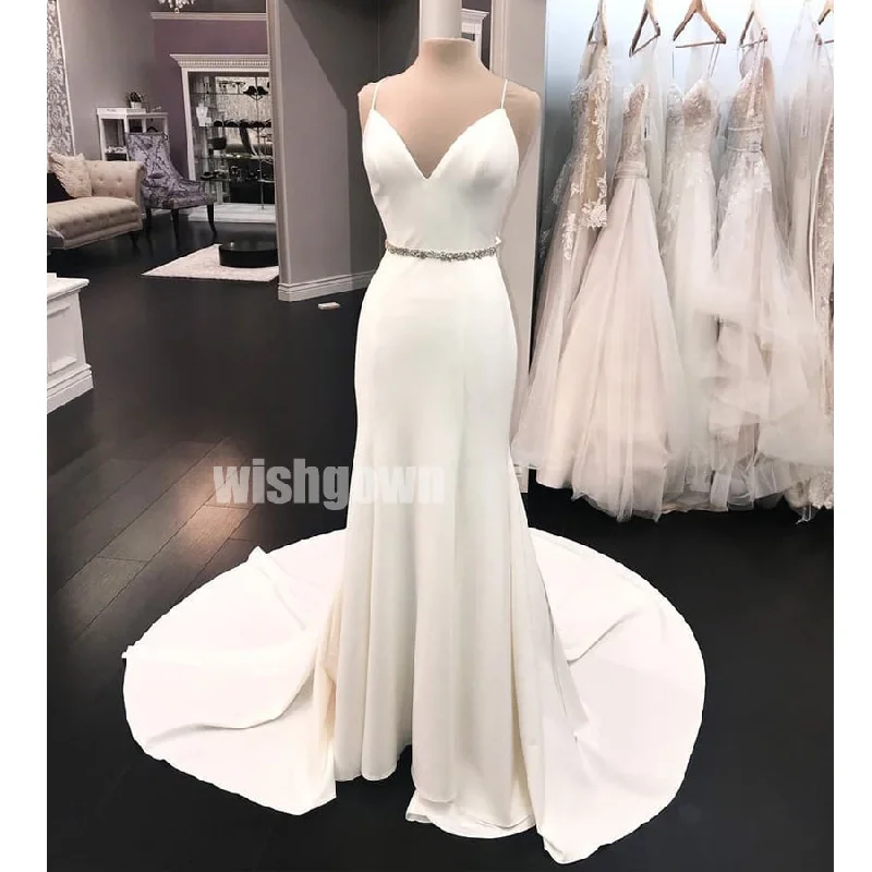 Spaghetti Strap Iovry Simple Long Wedding Dresses with Bow YH1117 Classic Bridal Gown