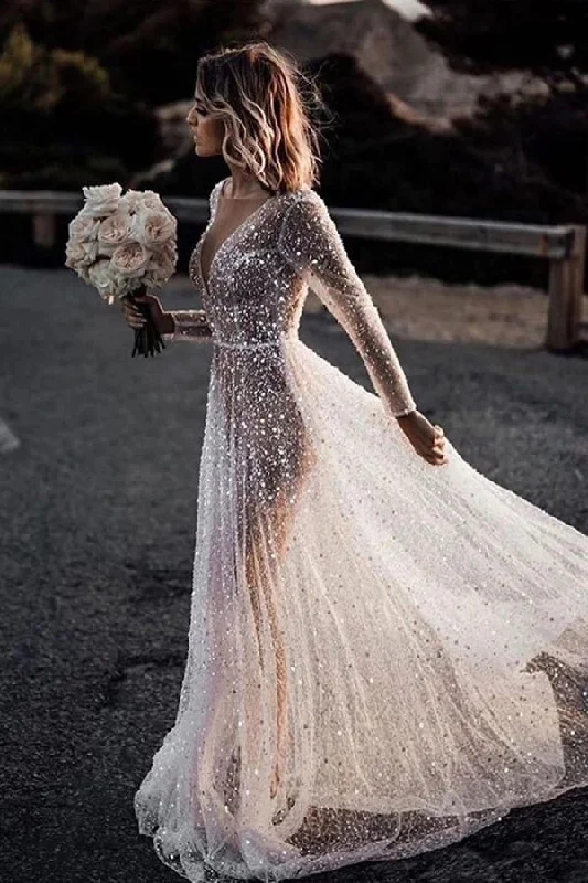 Sparkly See Through Long Sleeve Wedding Dress Boho Chic Gown