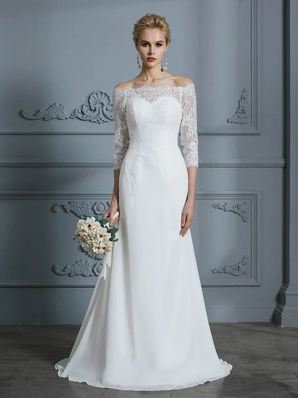 Trumpet/Mermaid 1/2 Sleeves Off-the-Shoulder Sweep/Brush Train Chiffon Wedding Dresses TPP0006184 Ruffled Wedding Dress