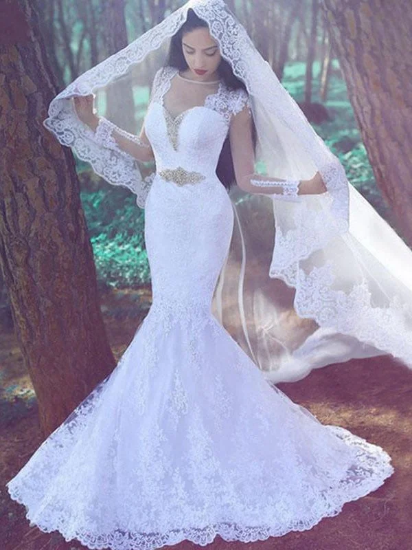 Trumpet/Mermaid Applique Sweetheart Long Sleeves Lace Court Train Wedding Dresses TPP0006214 Romantic Wedding Dress