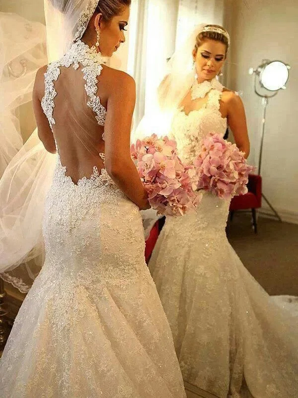 Trumpet/Mermaid High Neck Sleeveless Lace Court Train Wedding Dresses TPP0006198 Lace Sleeveless Dress