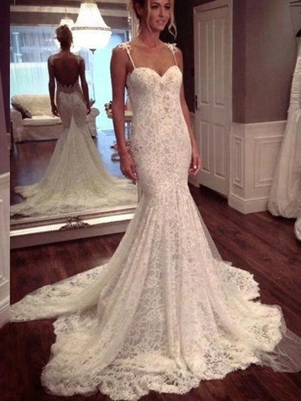 Trumpet/Mermaid Sleeveless Court Train Spaghetti Straps Lace Wedding Dresses TPP0006212 Sleek Wedding Dress