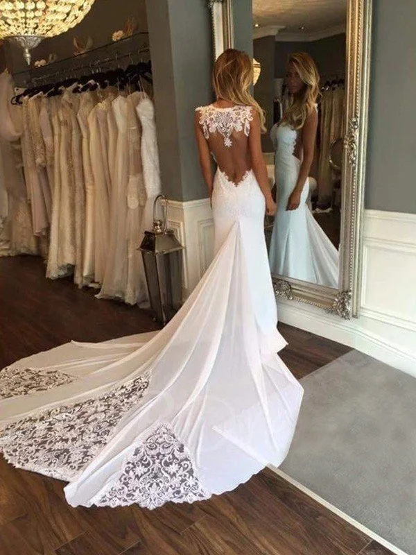 Trumpet/Mermaid Sleeveless Sweetheart Applique Cathedral Train Lace Wedding Dresses TPP0006215 Off-shoulder Bridal Dress