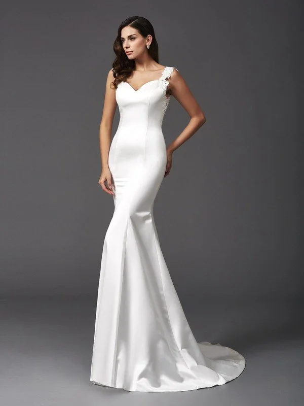 Trumpet/Mermaid Straps Beading Sleeveless Long Satin Wedding Dresses TPP0006216 Beaded Bridal Gown