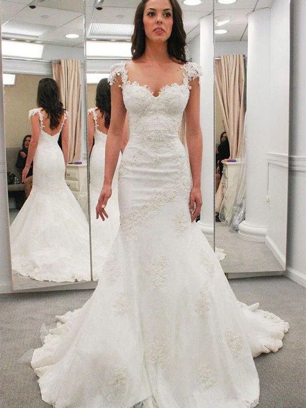 Trumpet/Mermaid Sweetheart Short Sleeves Applique Chapel Train Lace Wedding Dresses TPP0006220 Sparkling Bridal Gown