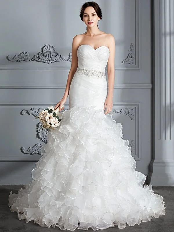 Trumpet/Mermaid Sweetheart Sleeveless Ruffle Sweep/Brush Train Satin Wedding Dresses TPP0006209 Chic Lace Dress