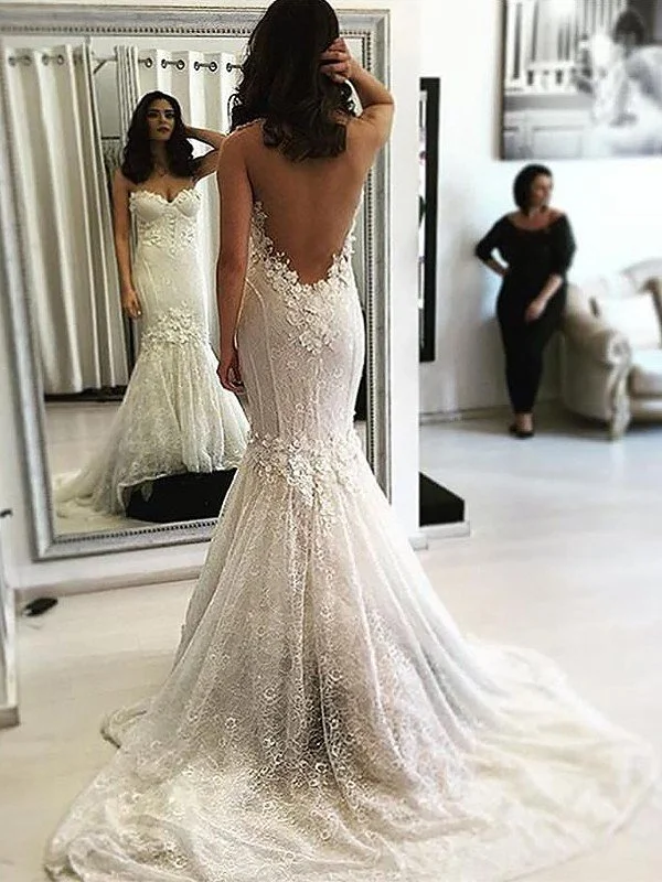 Trumpet/Mermaid Sweetheart Sweep/Brush Train Lace Sleeveless Wedding Dresses TPP0006213 Timeless Wedding Dress