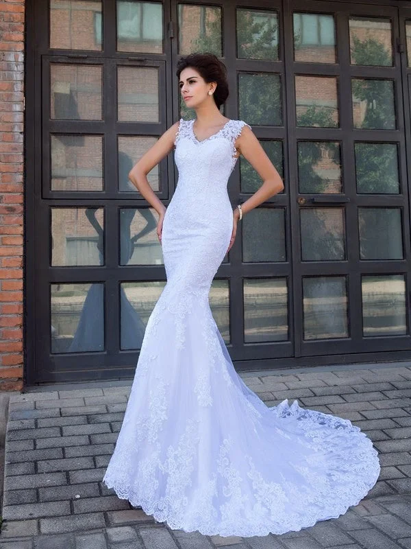 Trumpet/Mermaid V-neck Applique Sleeveless Long Satin Wedding Dresses TPP0006208 Classic Satin Gown