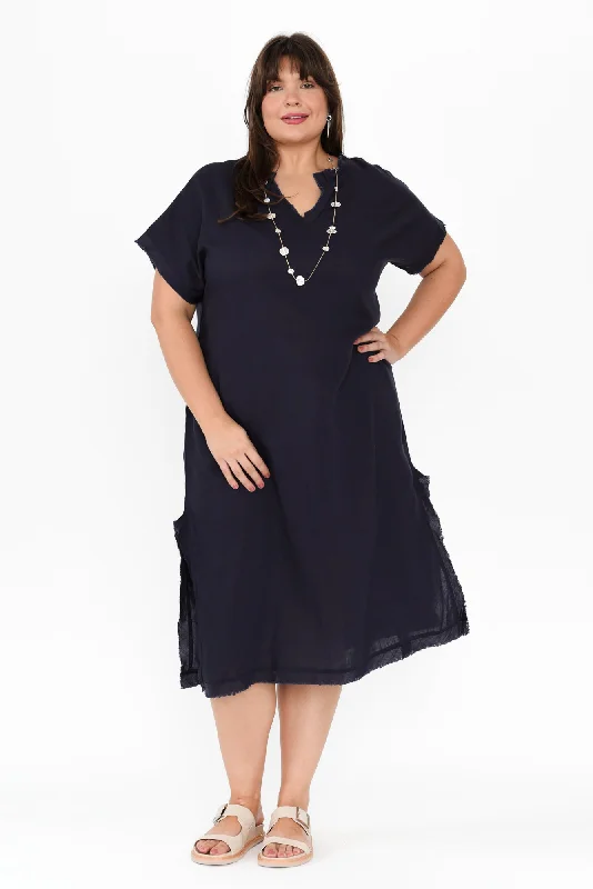 Darlene Navy Frayed Midi Dress Best midi dresses for elegant looks