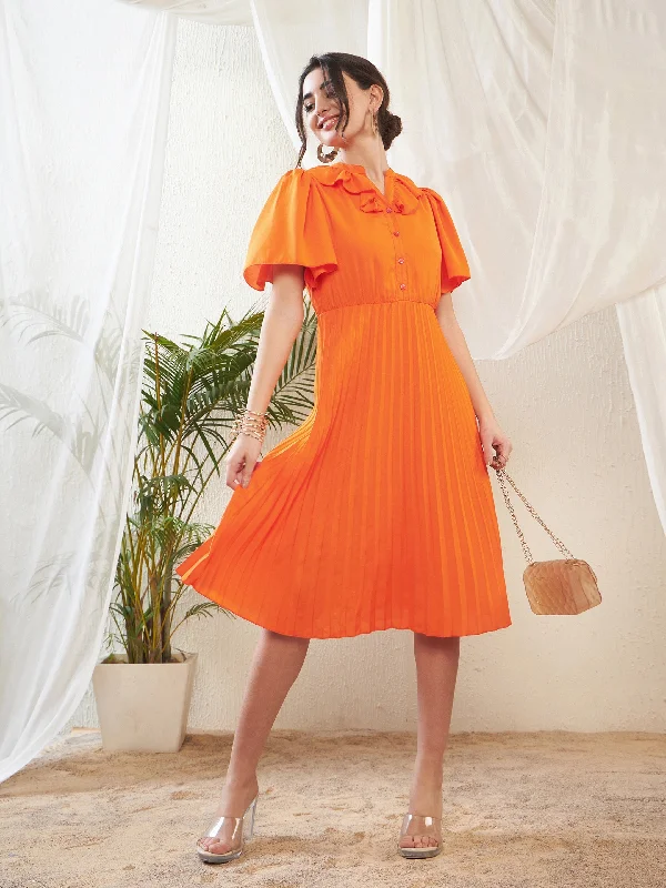 Women Orange Frill Neck Accordion Pleated Midi Dress Lightweight midi dresses for hot weather