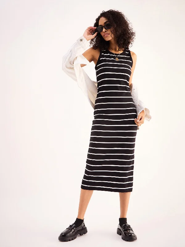 Women Black White Stripe Midi Dress Trendy midi dresses under $50