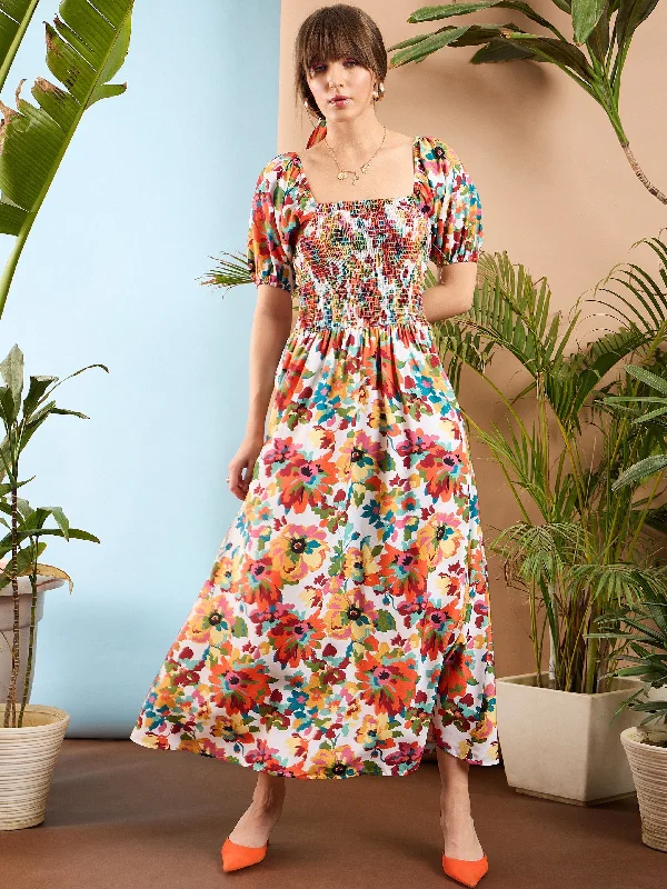 Women Orange Floral Puff Sleeves A-Line Midi Dress Satin midi dresses