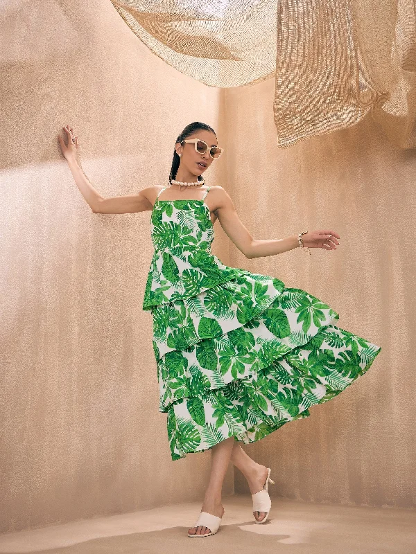 Women Green Leaf Print Frill Strappy Midi Dress Halter midi dresses