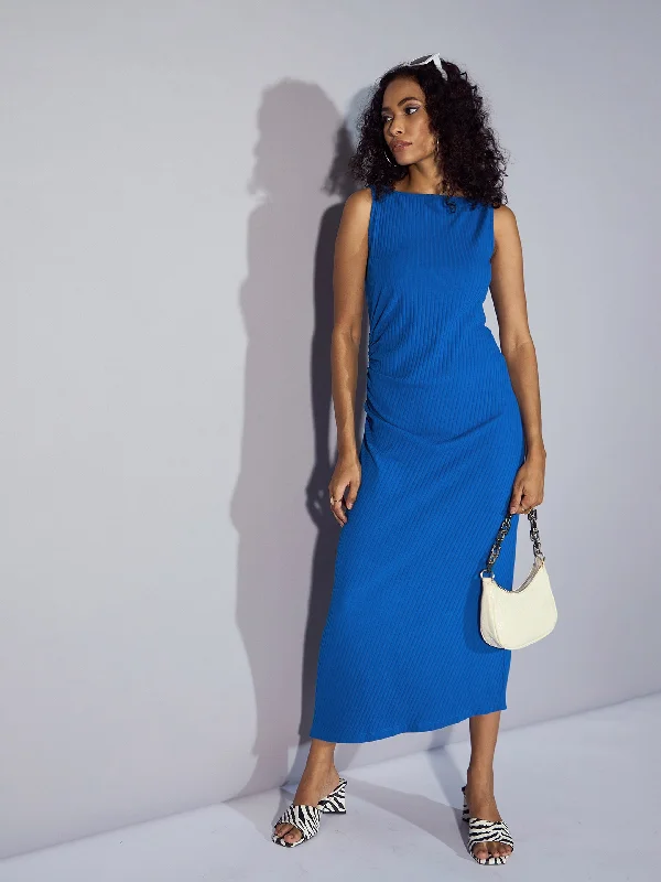 Women Royal Blue Rib Boat Neck Midi Dress Best midi dresses for date night