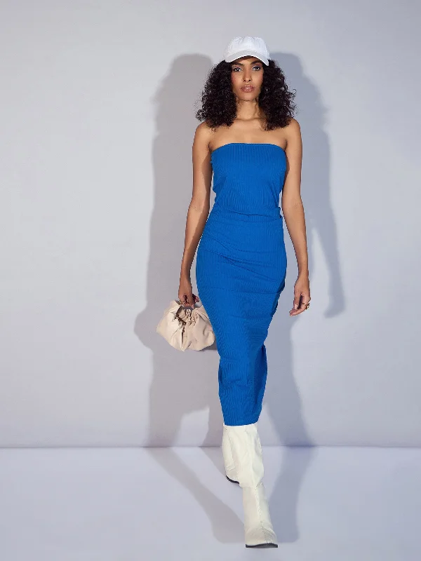 Women Royal Blue Rib Tube Midi Dress Women's trendy midi dresses sale