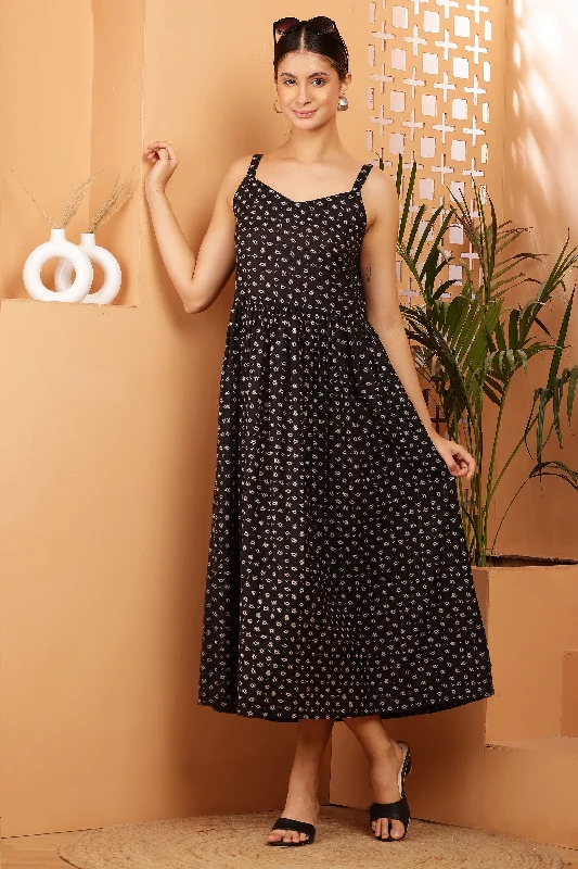 Women Black Printed Rayon Midi Dress Silk midi dresses