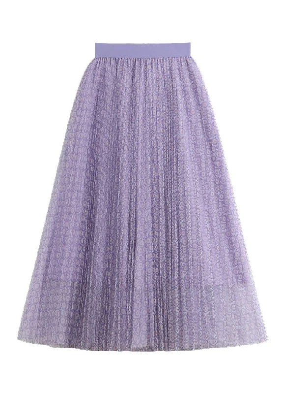 Bohemian Purple Print Wrinkled Elastic Waist Tulle Pleated Skirt Summer Fashionable unclassified skirts