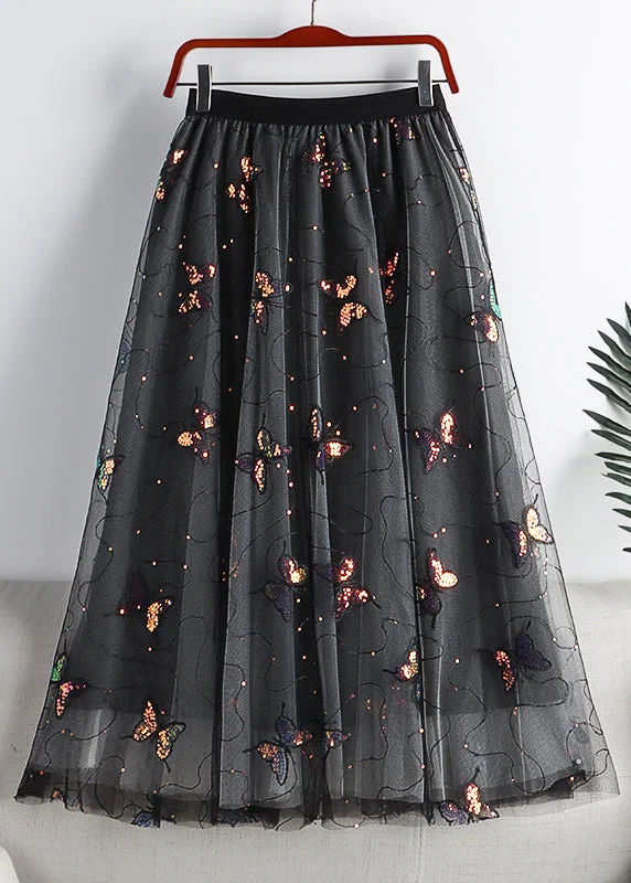 Casual Black Embroideried Sequins Layered Tulle A Line Skirt Summer Corset unclassified skirts