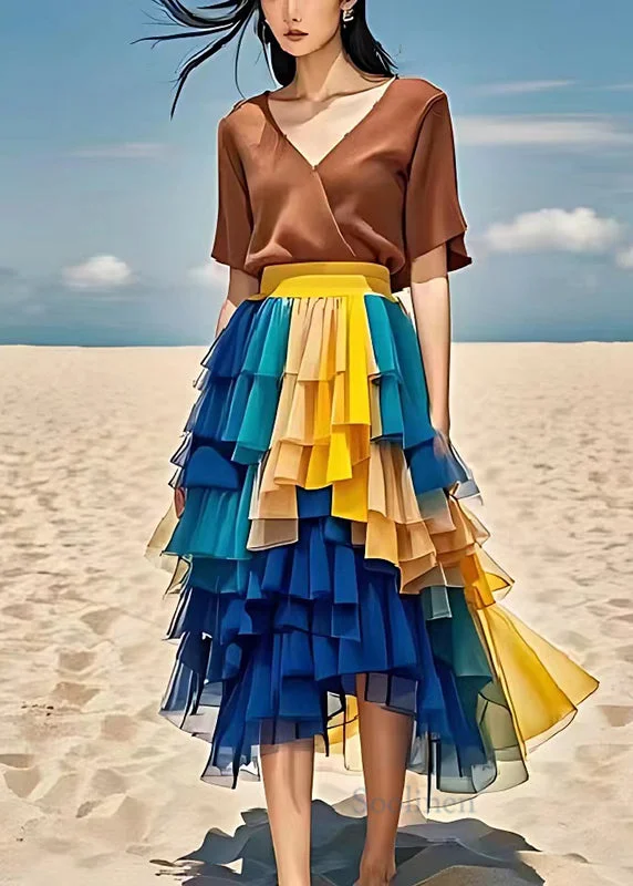 Fine Blue Layered Patchwork Tulle Chiffon Pleated Skirts Summer Bright color unclassified skirts