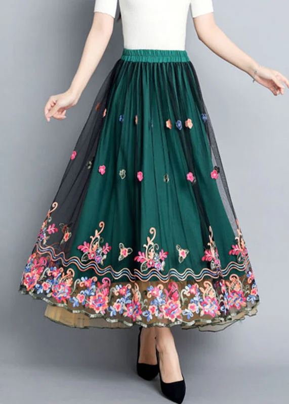 Green Embroideried Floral Elastic Waist Tulle Skirts Summer Tiered unclassified skirts