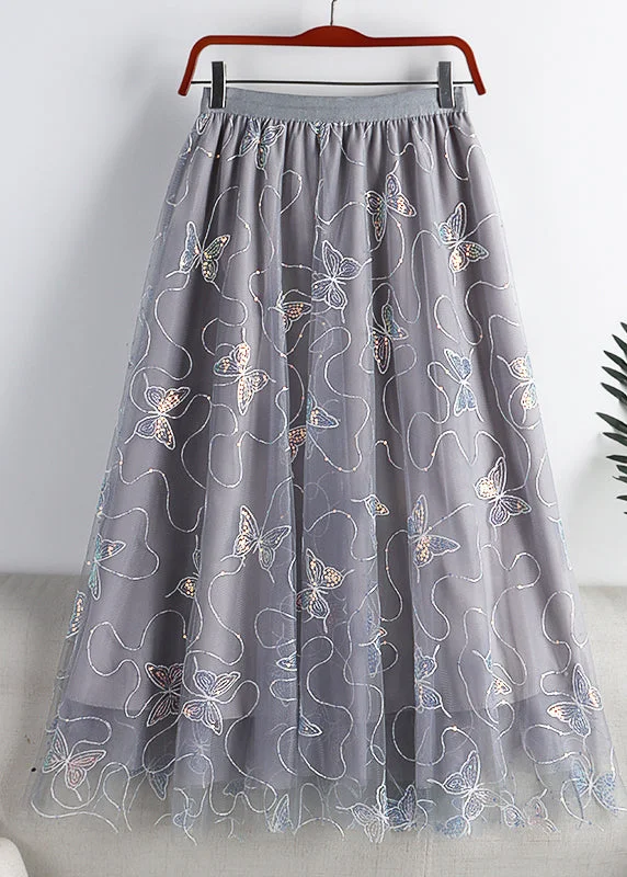 Grey Butterfly Embroideried Elastic Waist Tulle A Line Skirt Summer Spring unclassified skirts