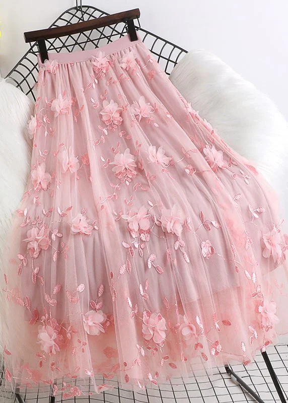 Natural Pink Embroidered Floral tulle Skirts Spring Spring unclassified skirts