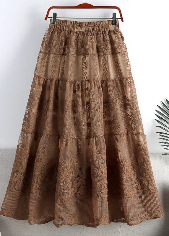 Vintage Chocolate Colour Embroideried Floral High Waist Tulle A Line Skirt Fall Office unclassified skirts