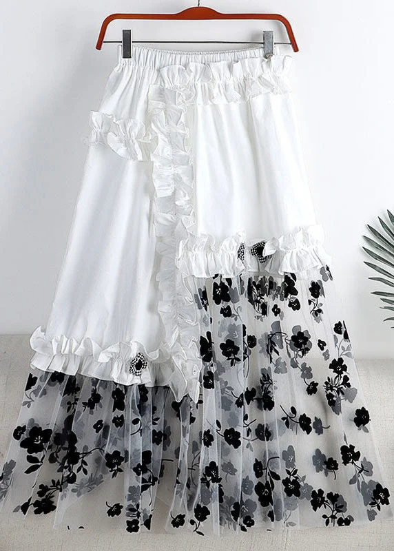 Women White Embroideried Floral Elastic Waist Asymmetrical Patchwork Tulle A Line Skirt Summer Earthy tone unclassified skirts