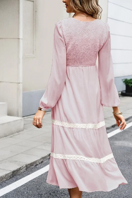 WOMEN LACE TRIM LONG SLEEVE ELEGANT MAXI DRESS Budget-friendly maxi dresses