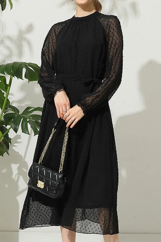 TIED WAIST LONG RUFFLED SLEEVE DOT MESH DRESS Elegant maxi dresses