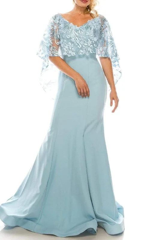 Odrella - 7Y1037 Off-Shoulder Trumpet Gown with Embroidered Mesh Cape Fashion Nova party dresses