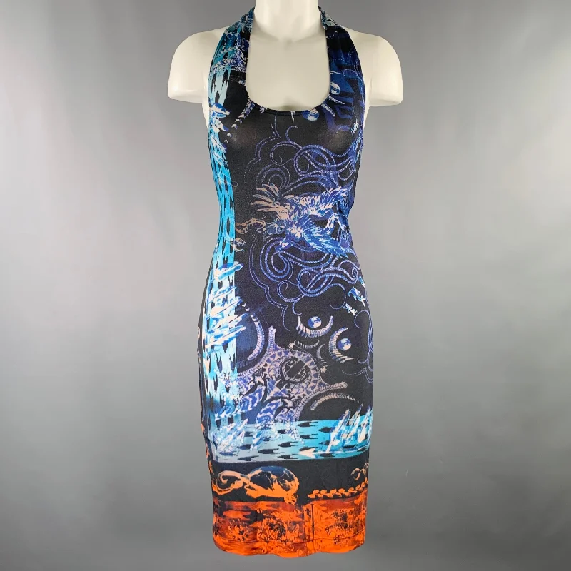 BALMAIN Size XS Black Blue Viscose Blend Abstract Tank Dress Tank Dress Shine