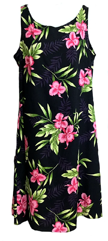 Short Tank Strap Hawaiian Dress Orchid Fern Black-902R T-shirt Tank Dress