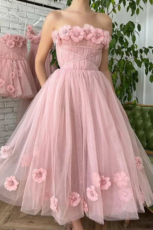 A Line Tea Length Pink Floral Appliques Prom Dresses OK1992 Summer floral dresses