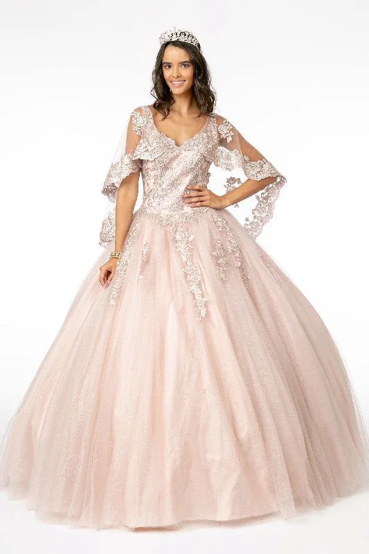 Applique Glitter V-Neck Ball Gown with Cape by Elizabeth K GL2800 Pastel unclassified dresses