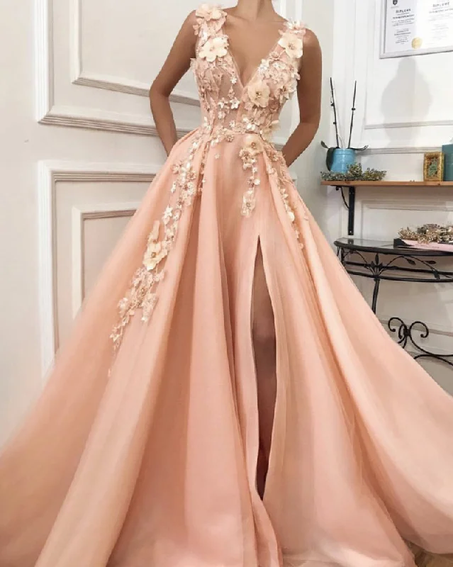 Beautifu V Neck Floral Appliqed Lace Pink Senior Prom Long Dress for Party with Slit PL011251 Women's floral dresses