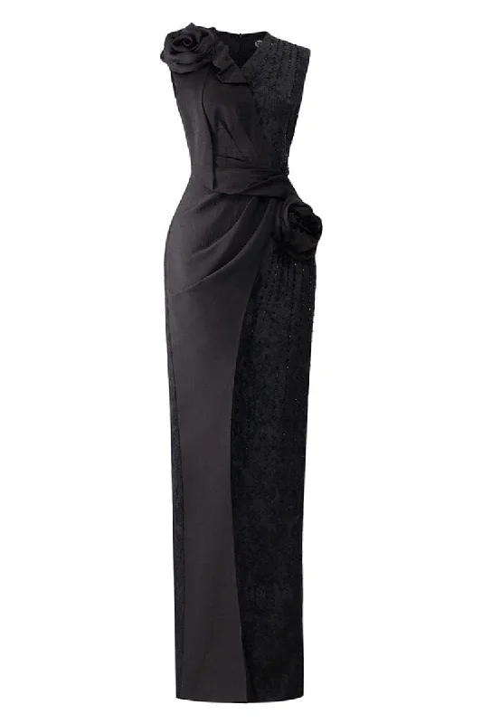 BLACK JACQUARD GOWN WITH DRAPED SATIN ROSES Discounted unclassified dresses