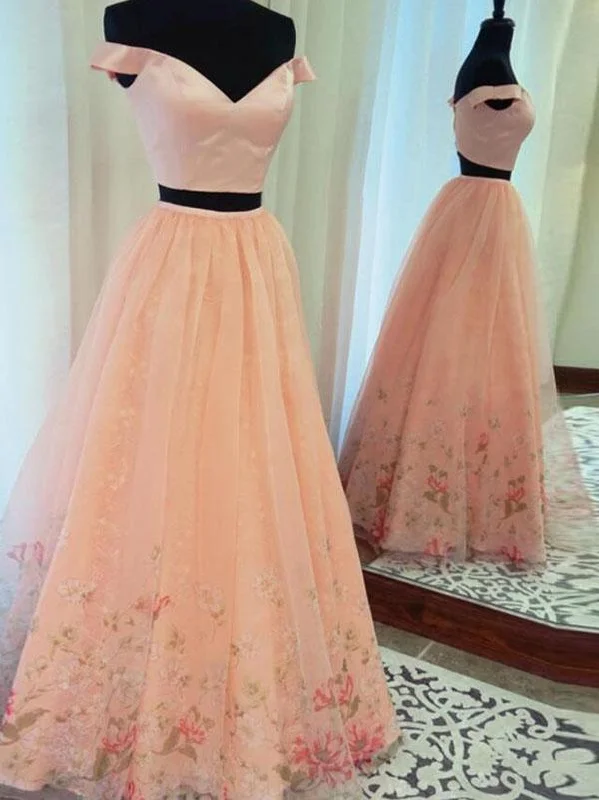 blush pink off shoulder two pieces long tulle fluffy floral prom dress, PD5846 Designer floral dresses