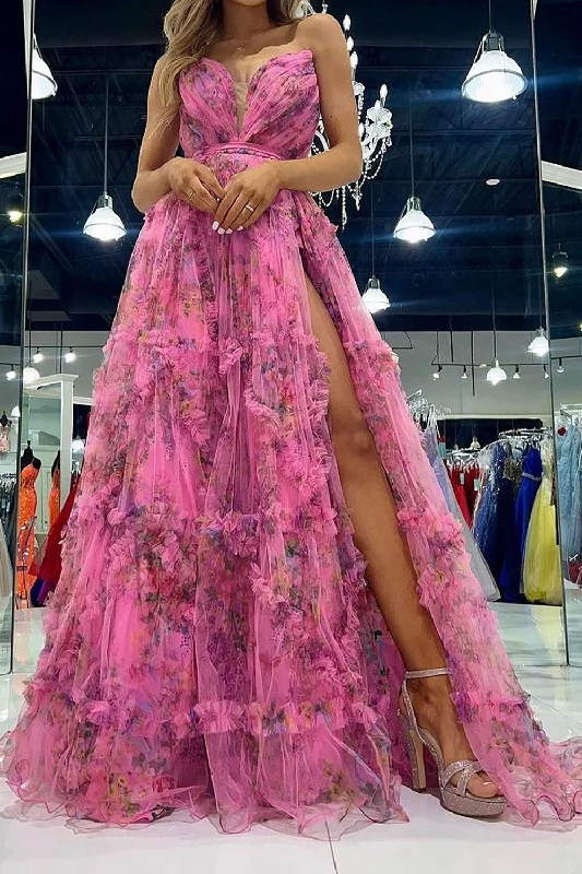 Charming A Line Sweetheart Pink Floral Printed Long Prom Dress Comfortable floral dresses for everyday wear